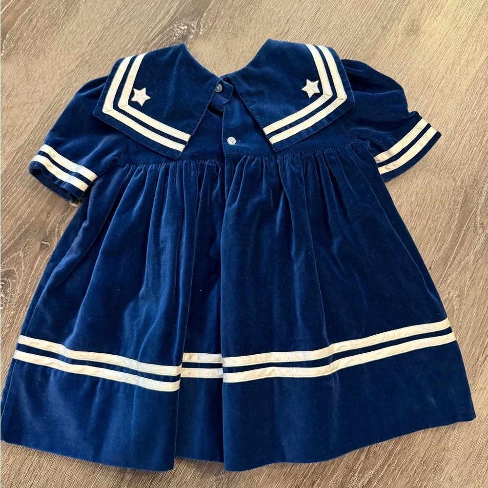 vintage blue velour sailor dress with white piping trim